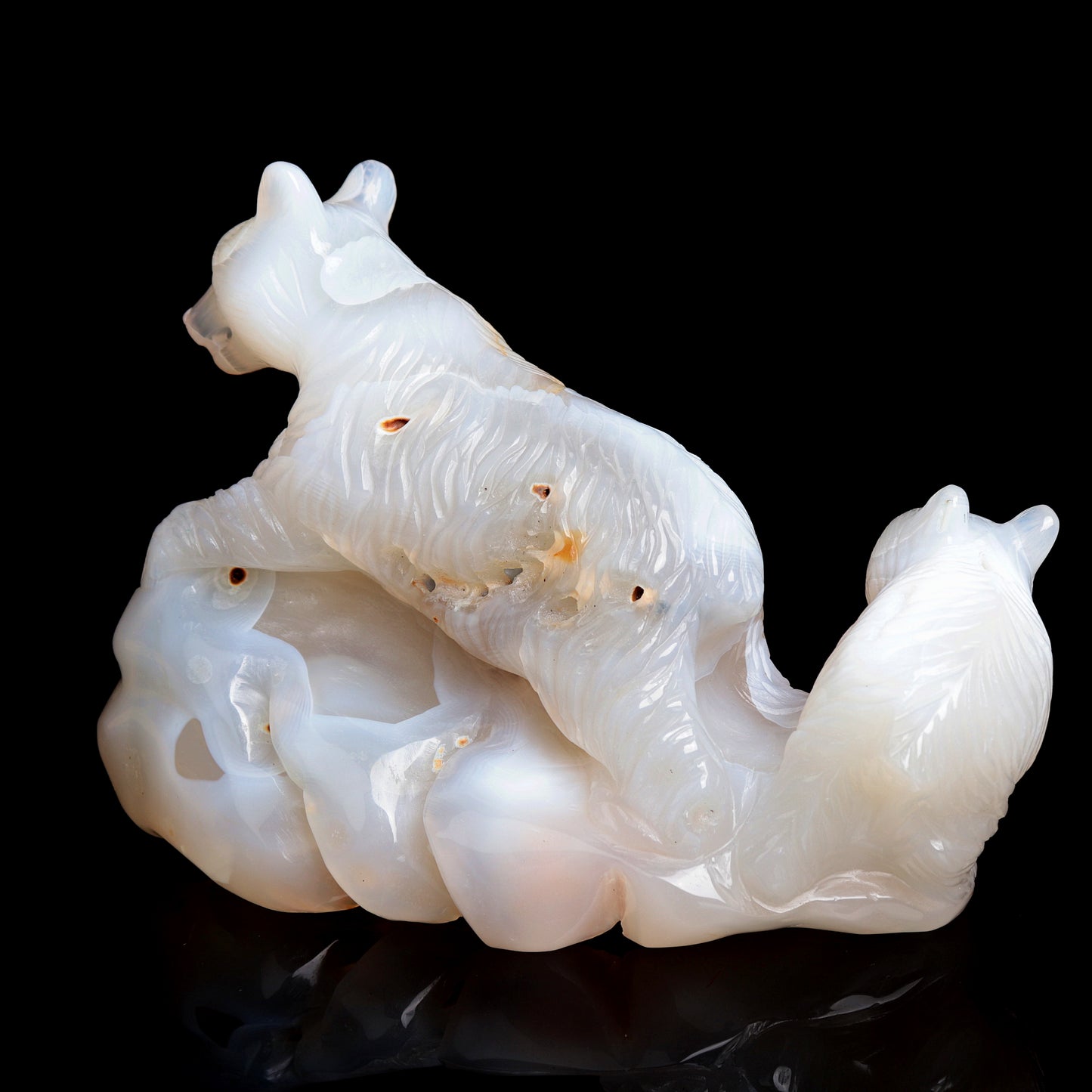 7" Madagascar Agate Carved Crystal Bear Family Sculpture Realistic Healing Quartz