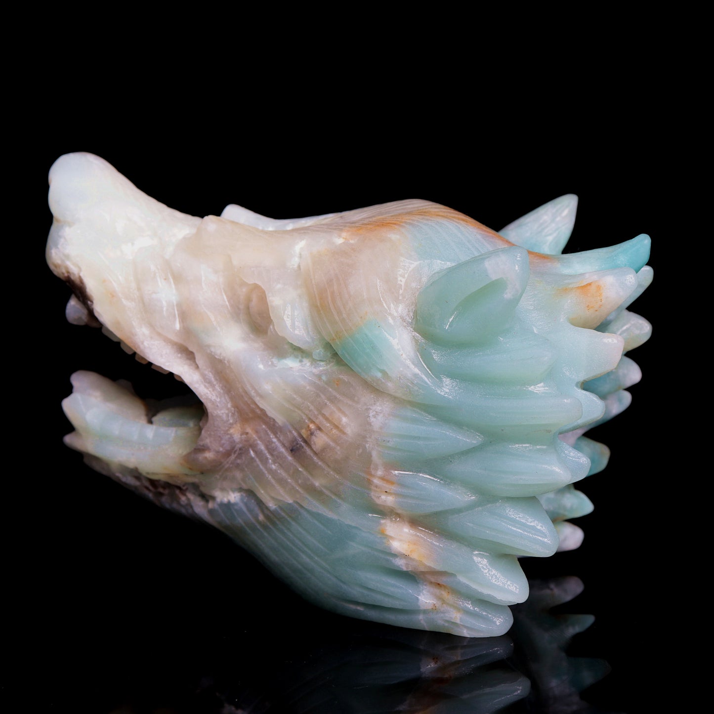 5" Amazonite Carved Crystal Wolf Head Statue Realistic Healing Quartz Decor