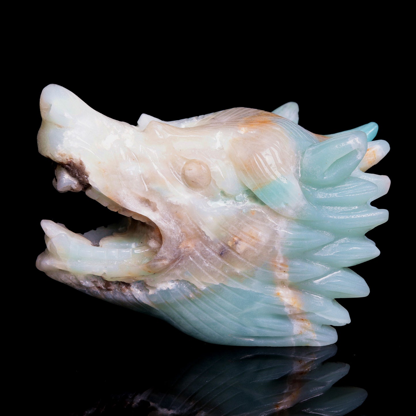 5" Amazonite Carved Crystal Wolf Head Statue Realistic Healing Quartz Decor