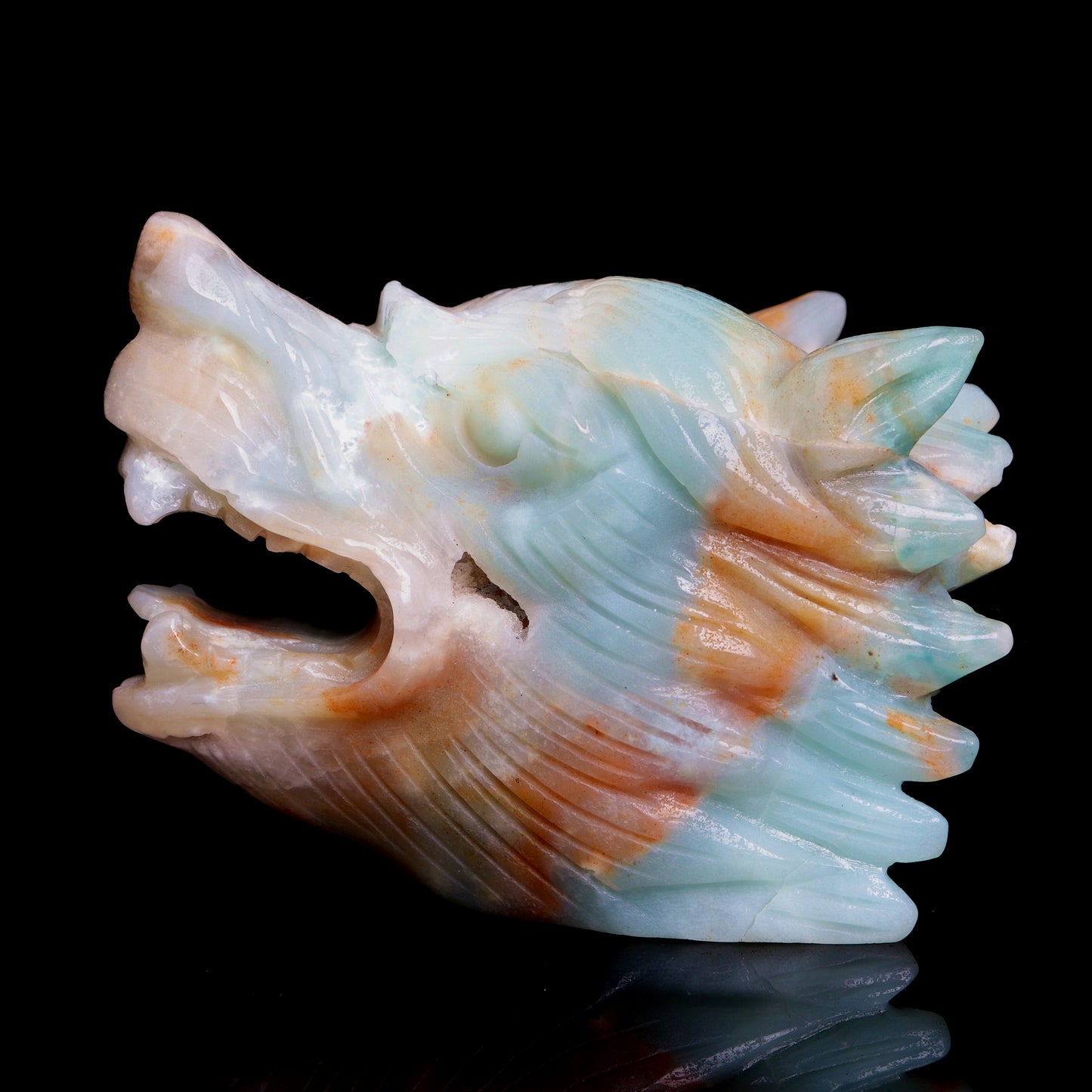 5" Amazonite Carved Crystal Wolf Head Statue Realistic Healing Quartz Decor