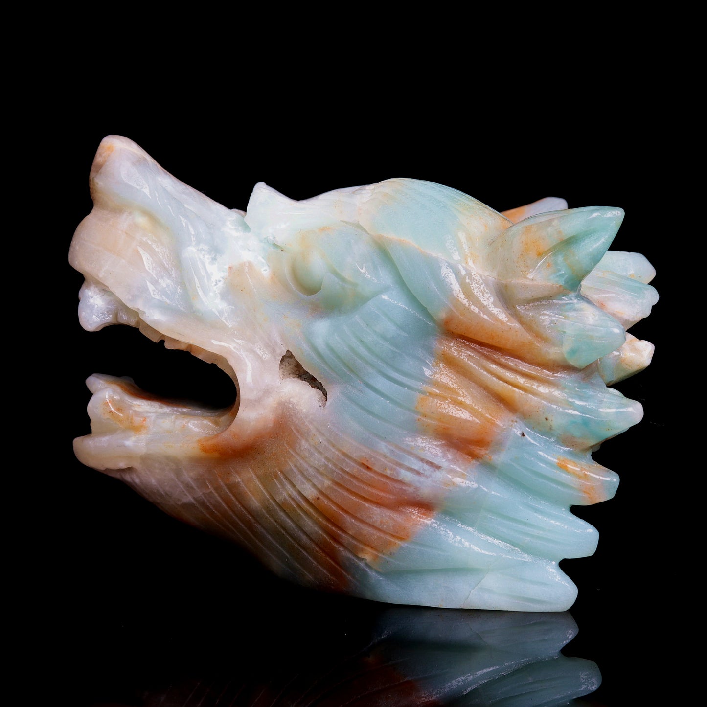 5" Amazonite Carved Crystal Wolf Head Statue Realistic Healing Quartz Decor