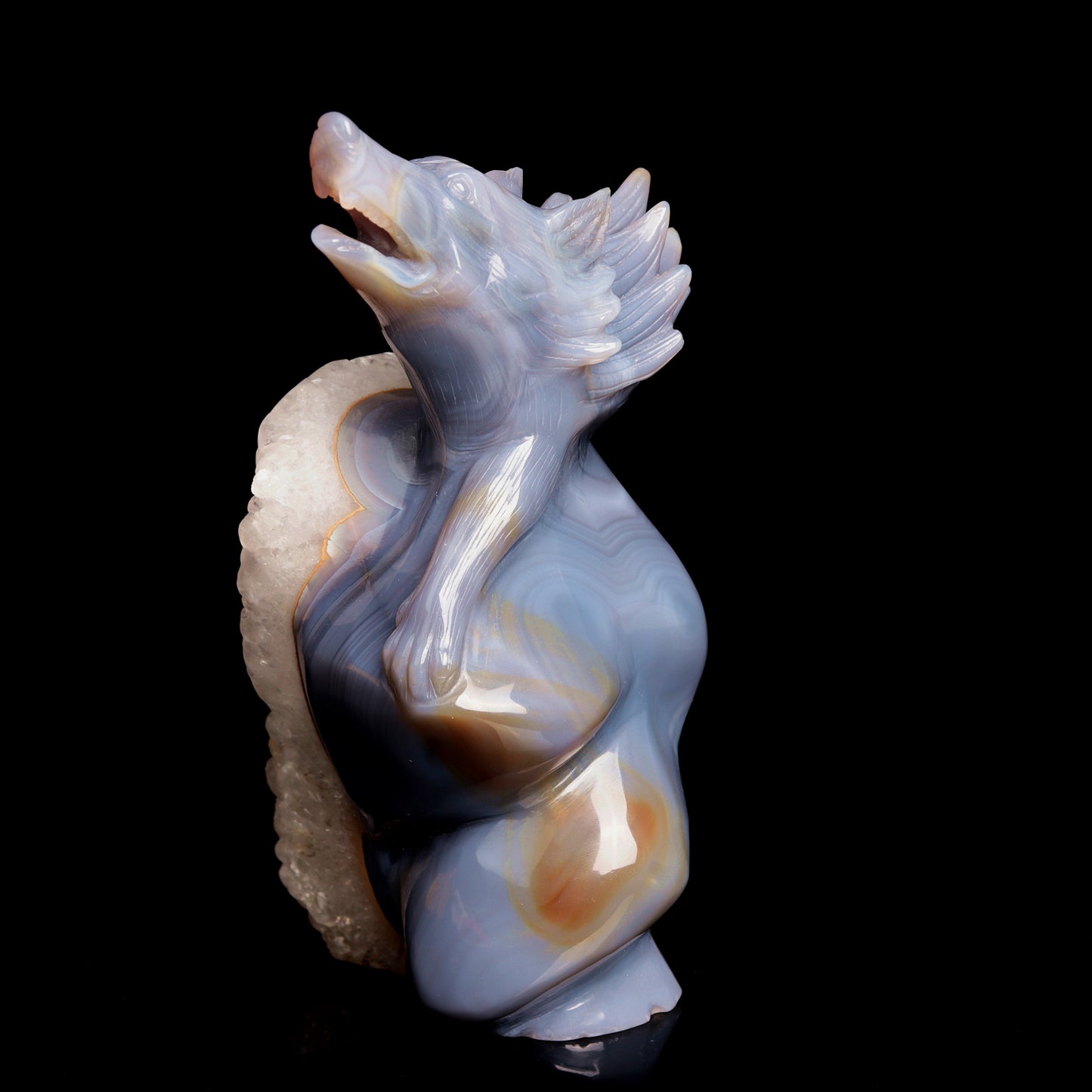 7.5" Druzy Agate Carved Crystal Wolf Sculpture Realistic Healing Quartz Decor