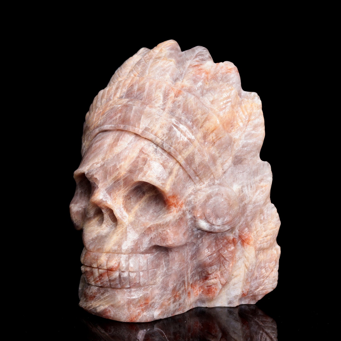4.5" Moonstone Carved Crystal Indian Skull Sculpture Healing Quartz