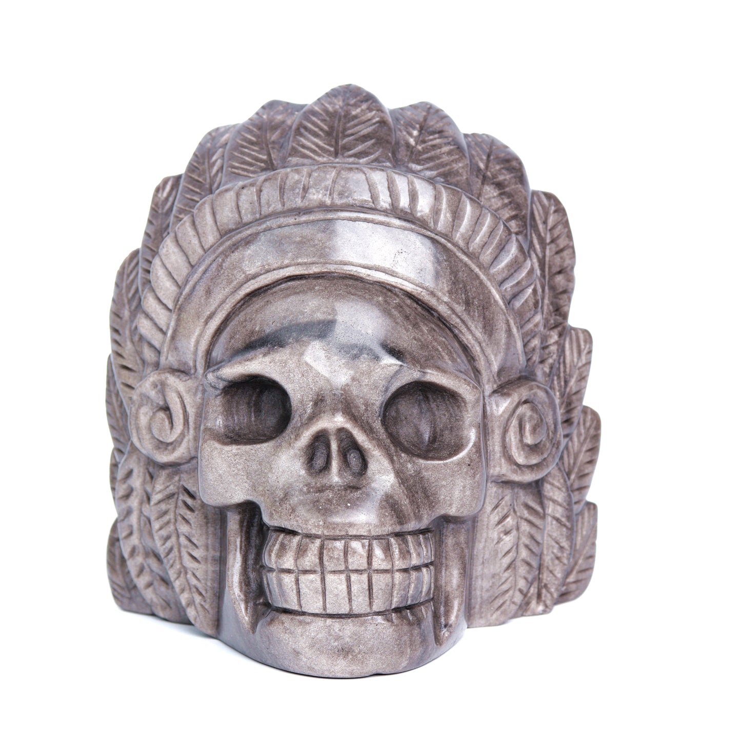 5" Silver Obsidian Carved Crystal Indian Skull Figurine Healing Quartz