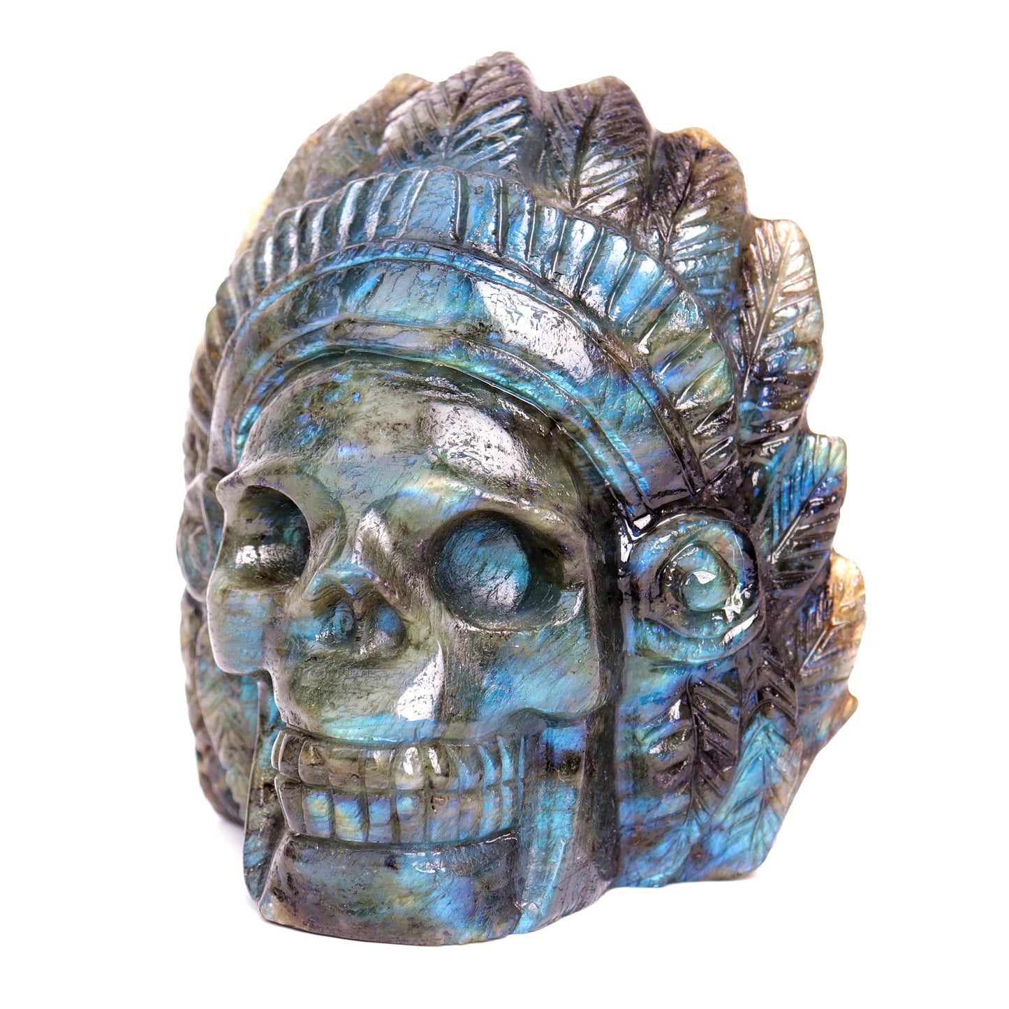 4.5" Labradorite Carved Crystal Indian Skull Sculpture Healing Quartz