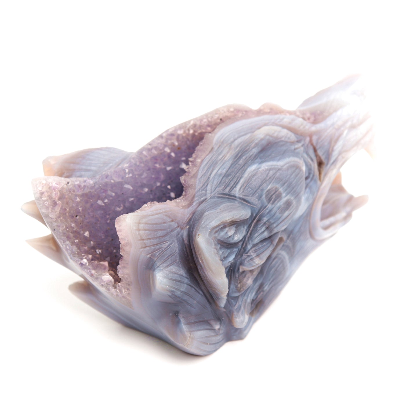 4.5" Amethyst Geode Agate Carved Crystal Wolf Head Figurine Realistic Healing Quartz