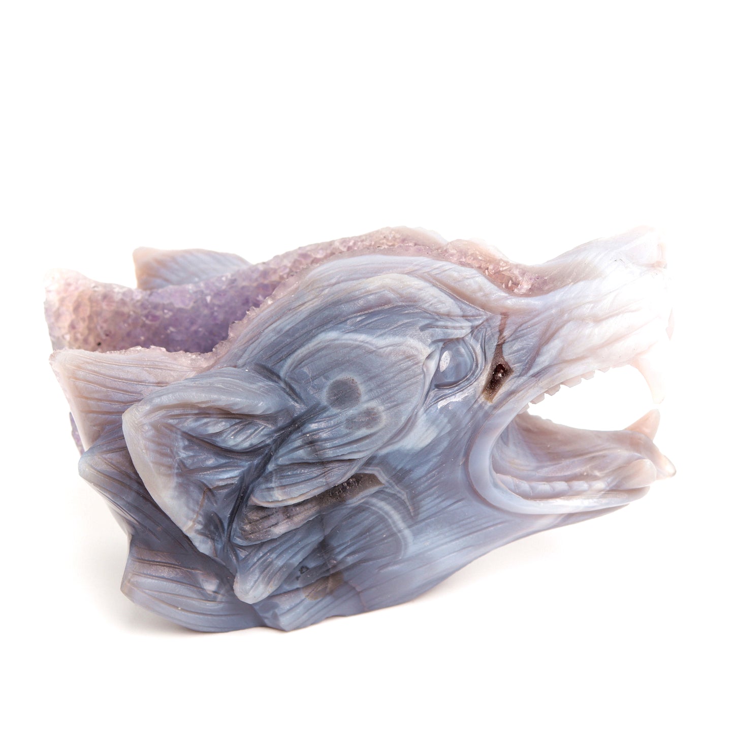 4.5" Amethyst Geode Agate Carved Crystal Wolf Head Figurine Realistic Healing Quartz