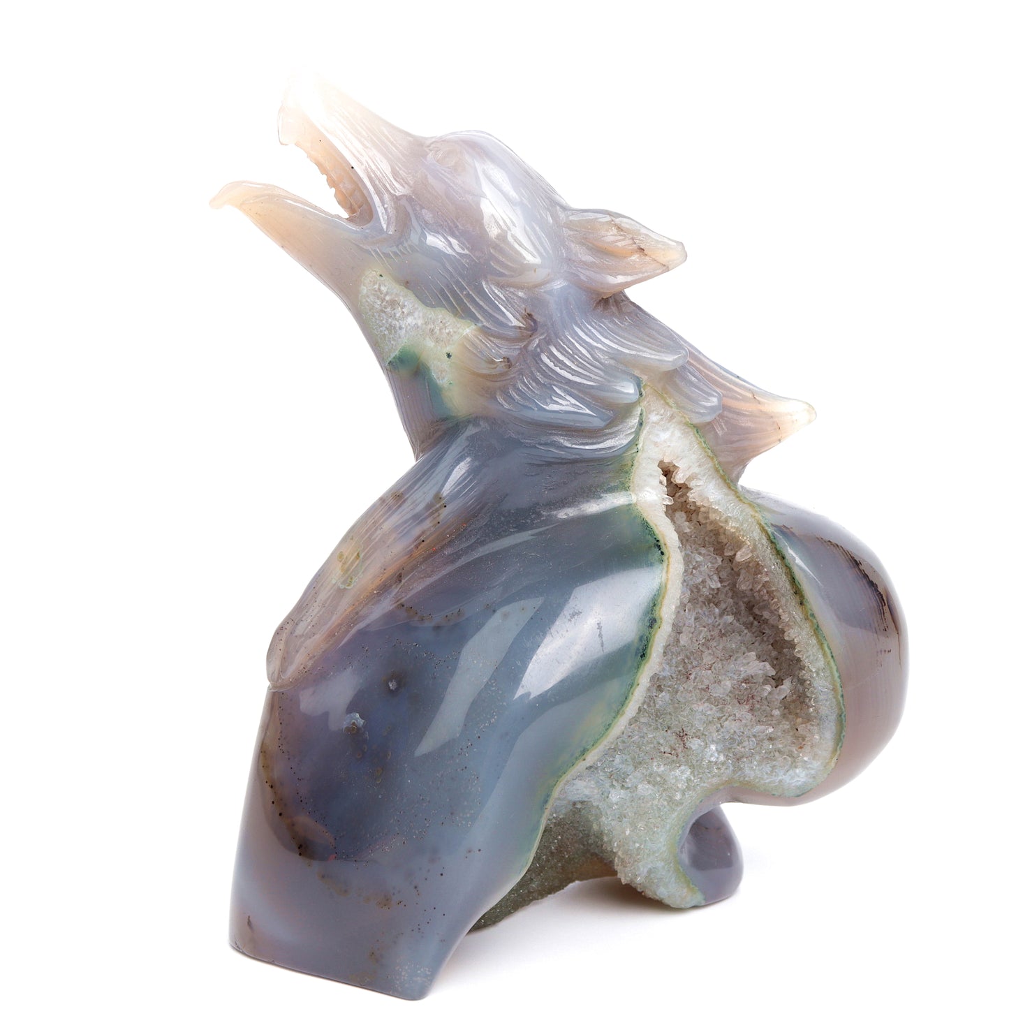 6.5" Druzy Agate Carved Crystal Wolf Figurine Realistic Healing Quartz Decor