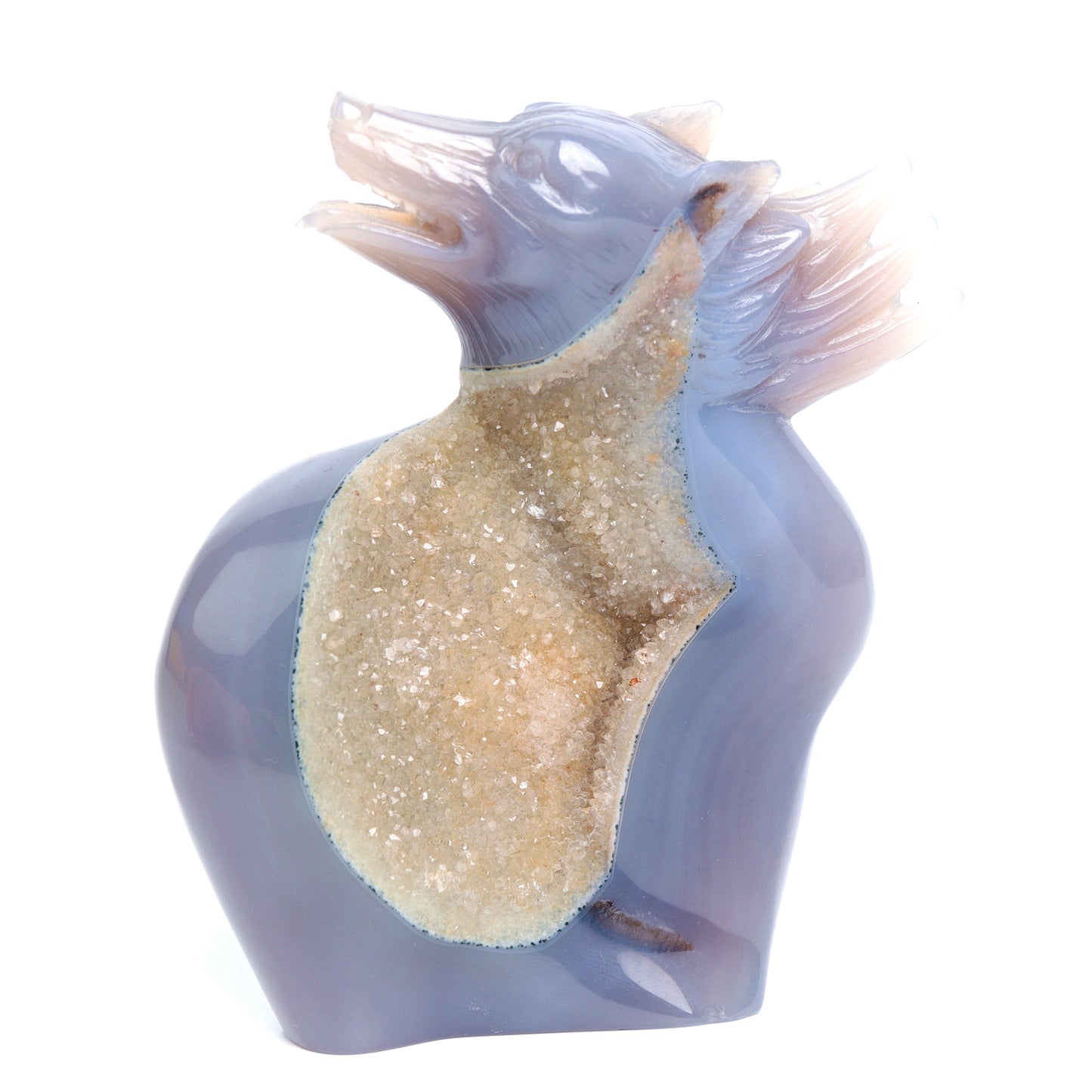 5.2" Druzy Agate Carved Crystal Wolf Figurine Realistic Healing Quartz Decor