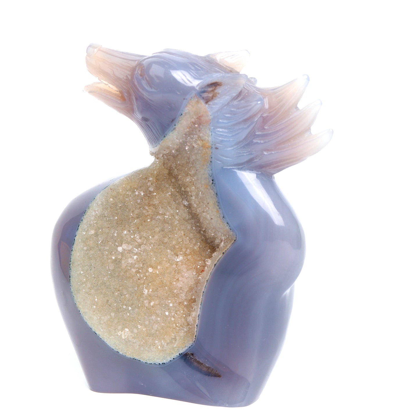 5.2" Druzy Agate Carved Crystal Wolf Figurine Realistic Healing Quartz Decor