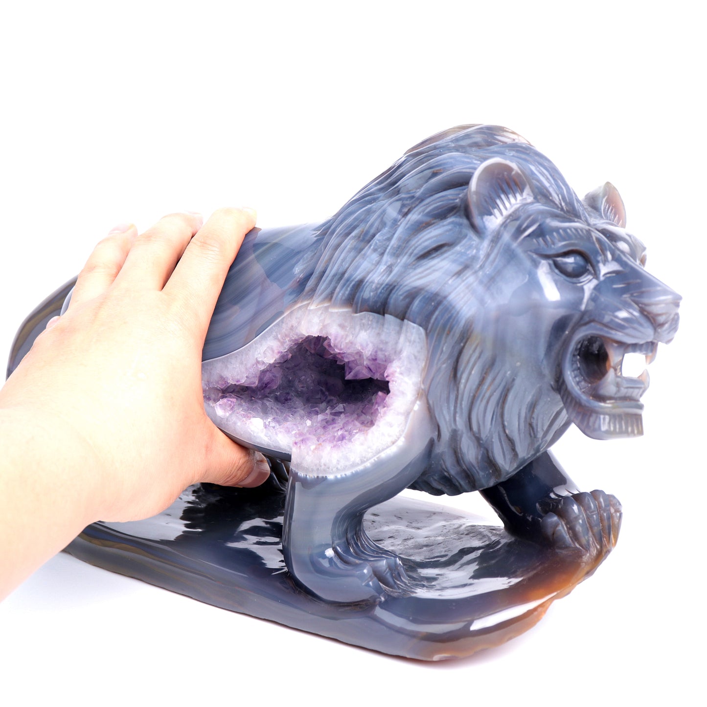 The MOST IMPRESSIVE Masterpiece: Amazing 14.5LB Amethyst Geode Agate Carved Crystal Lion Sculpture Realistic Healing Quartz Collection