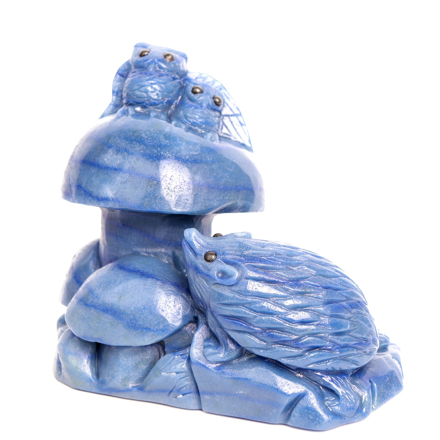 6" Blue Aventurine Carved Crystal Hedgehog Mushroom Sculpture Healing Quartz