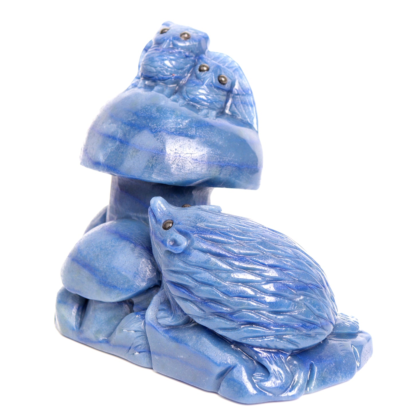 6" Blue Aventurine Carved Crystal Hedgehog Mushroom Sculpture Healing Quartz