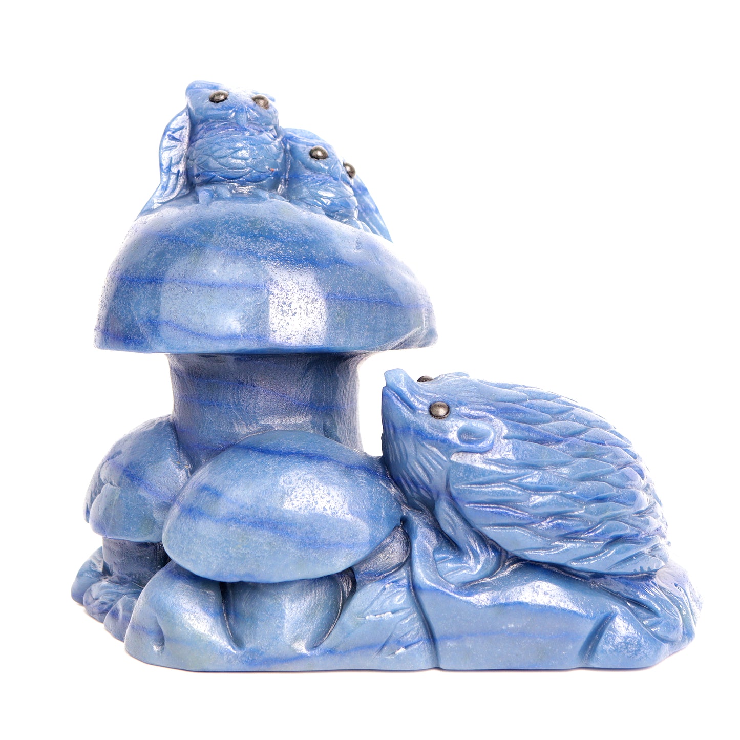 6" Blue Aventurine Carved Crystal Hedgehog Mushroom Sculpture Healing Quartz