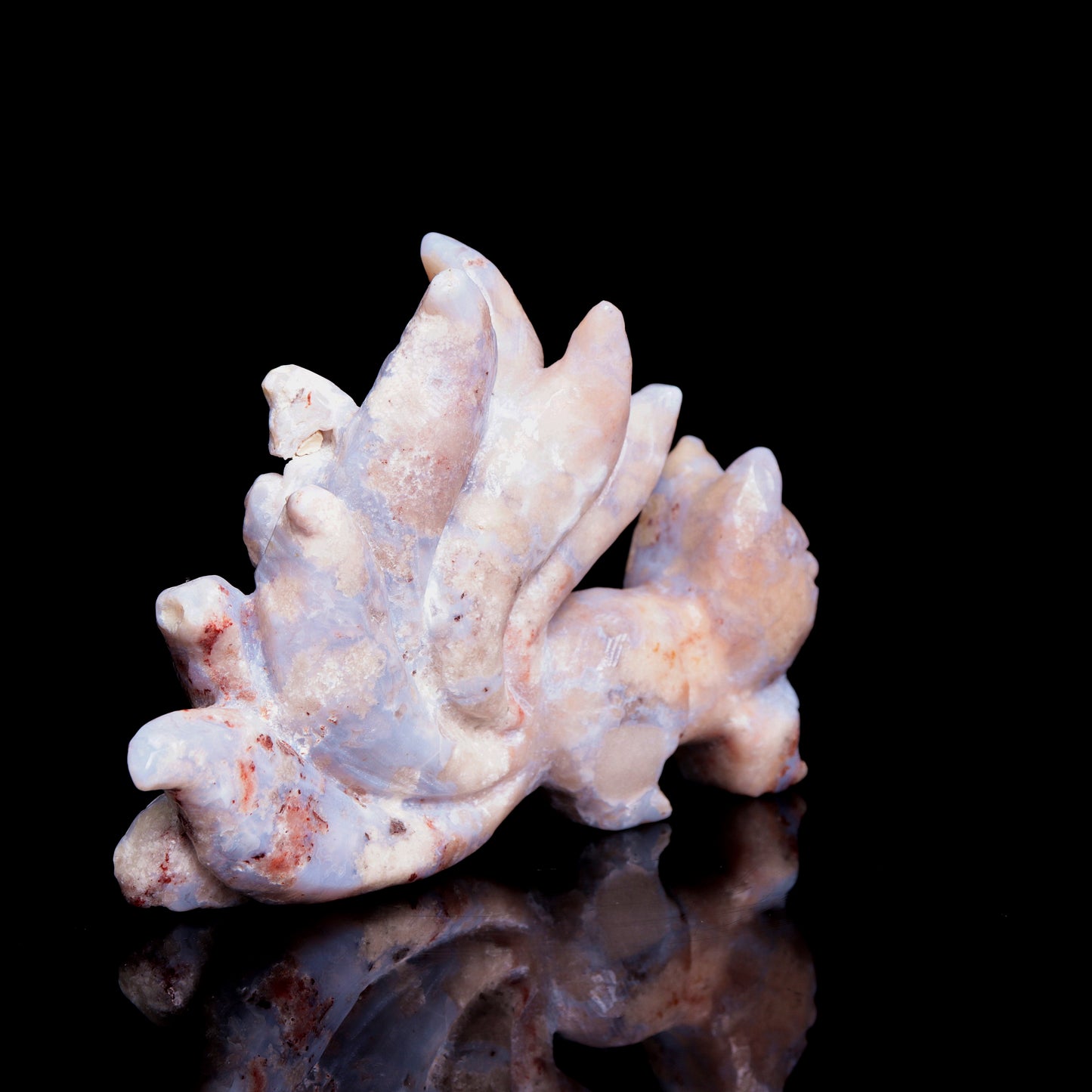 4" Blue Flower Agate Carved Crystal Nine Tail Fox Figurine Healing Quartz