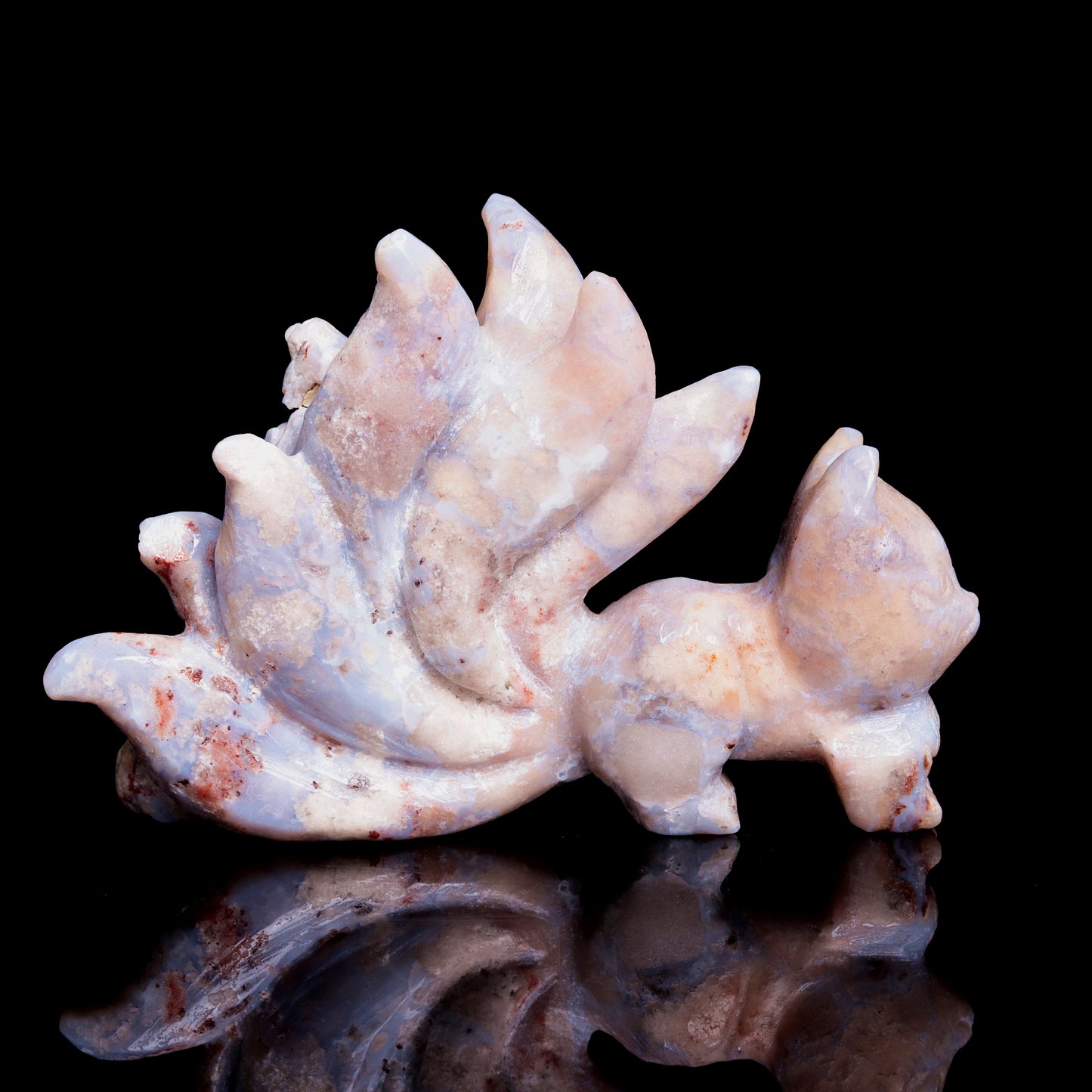 4" Blue Flower Agate Carved Crystal Nine Tail Fox Figurine Healing Quartz