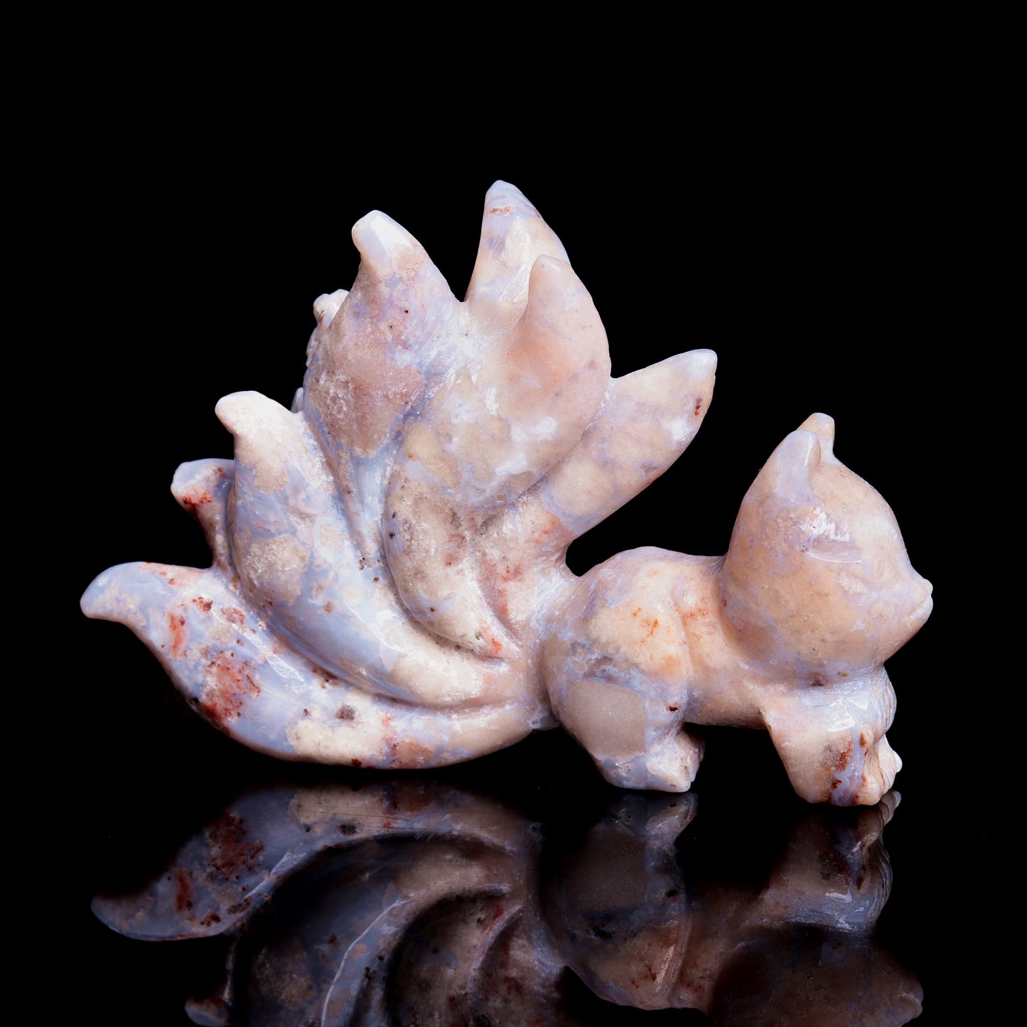 4" Blue Flower Agate Carved Crystal Nine Tail Fox Figurine Healing Quartz