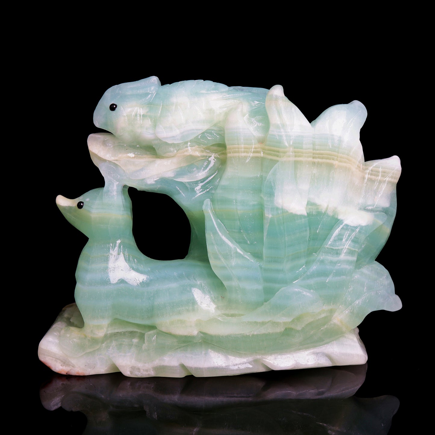6" Green Caribbean Calcite Carved Crystal Nine Tail Fox Sculpture Healing Quartz