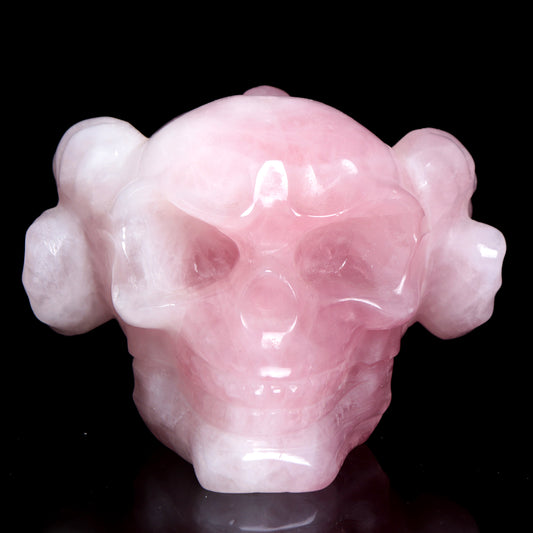 4" Rose Quartz Crystal Skull Horns Figurine Quartz Healing Decor Gift