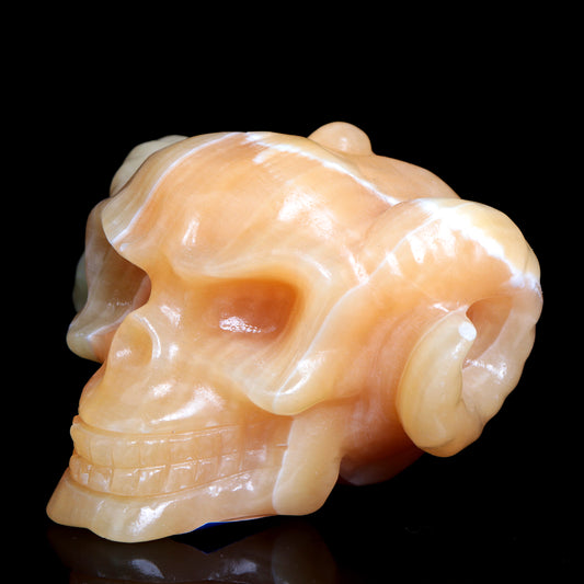 4" Yellow Calcite Crystal Skull Horns Figurine Quartz Healing Decor Gift