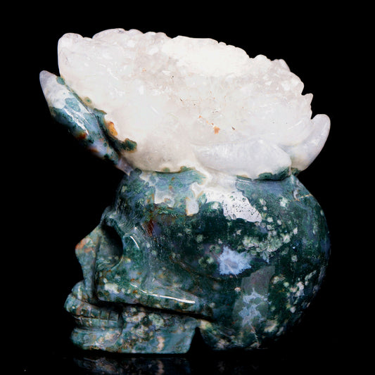 4.5" Moss Agate Crystal Skull Cluster Figurine Quartz Healing Decor Gift