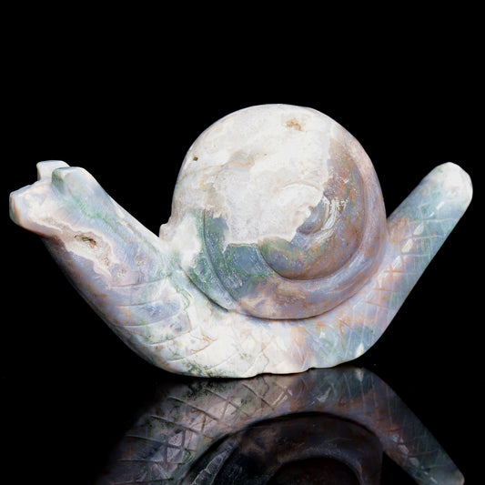 5" Moss Agate Crystal Snail Figurine Realistic Crystal Healing Quartz Decor