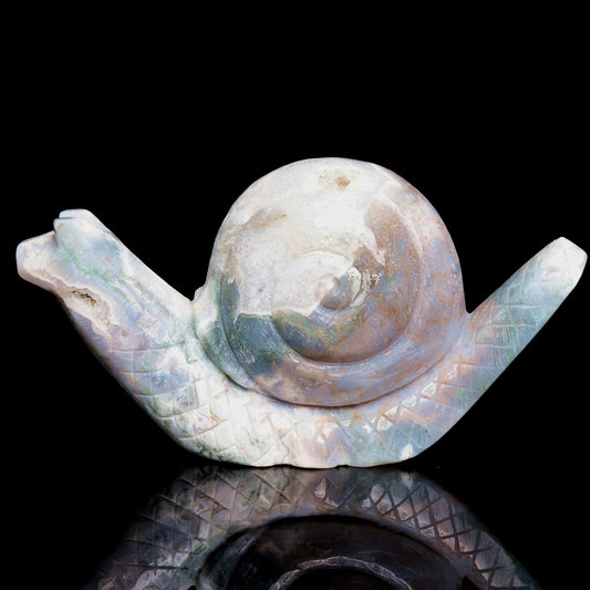 5" Moss Agate Crystal Snail Figurine Realistic Crystal Healing Quartz Decor