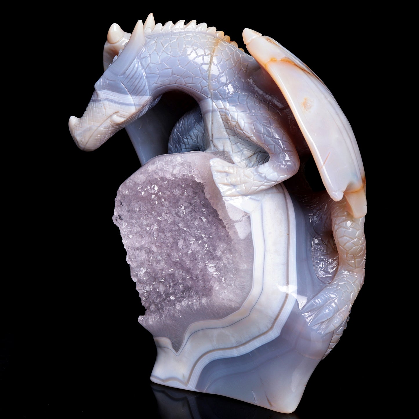 8.5" Hand Carved Druzy agate Crystal Dragon Sculpture Crystal Animal Carvings