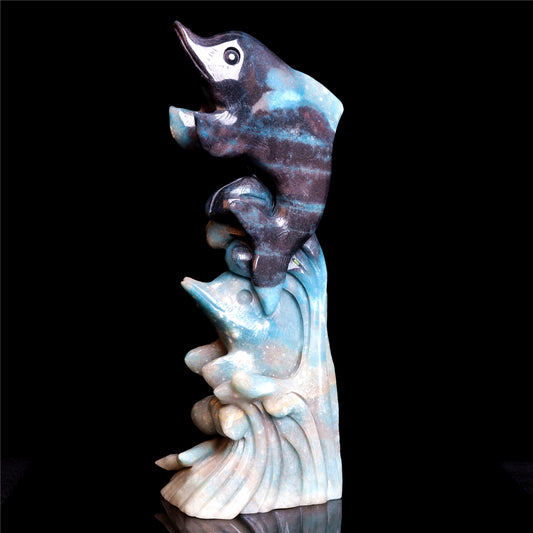 10" Trolleite Crystal Dolphin Figurine Stone Animal Carvings Decor