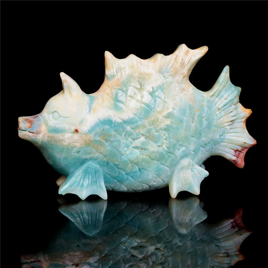 7" Amazonite Crystal Fish Pig Figurine Quartz Animal Carvings Decor