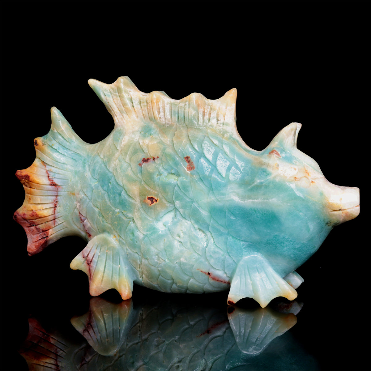 7" Amazonite Crystal Fish Pig Figurine Quartz Animal Carvings Decor