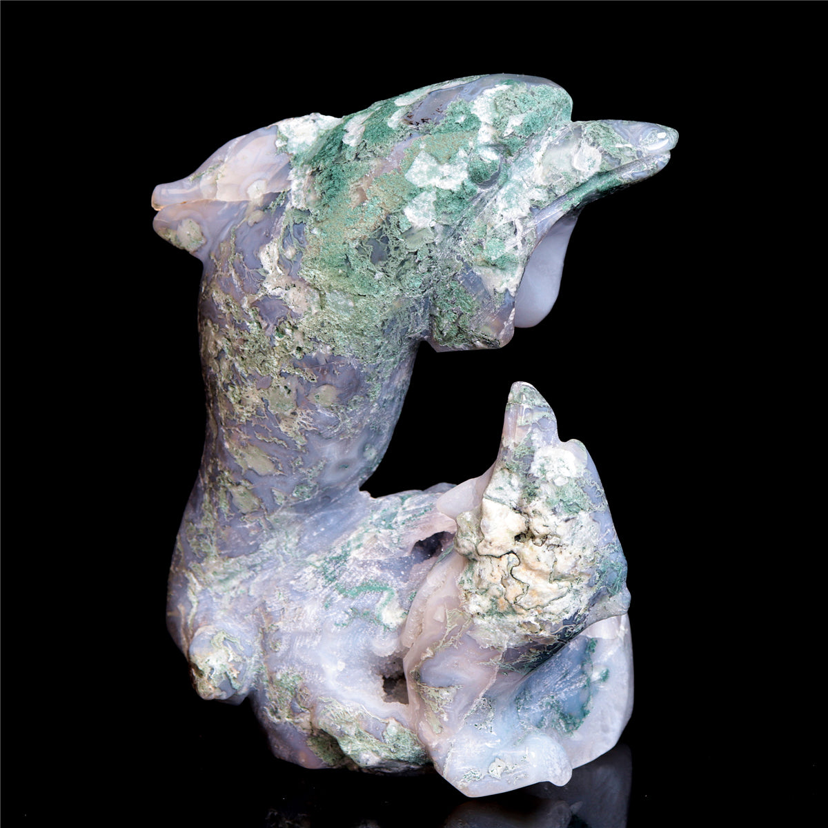 5" Moss Agate Crystal Dolphin Figurine Stone Animal Carvings Decor