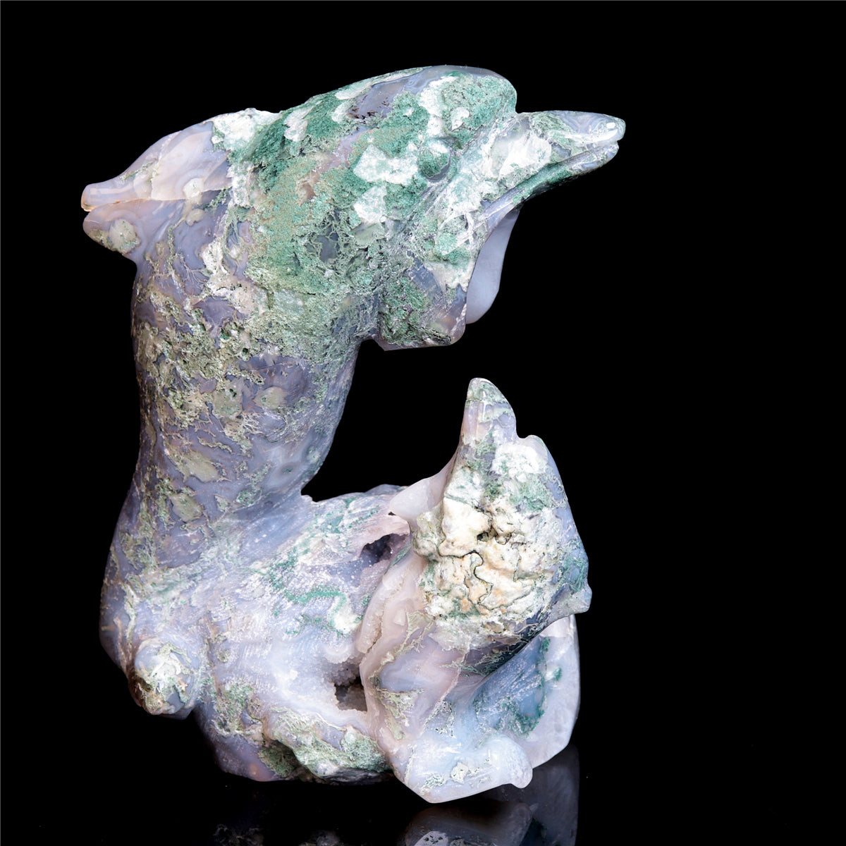 5" Moss Agate Crystal Dolphin Figurine Stone Animal Carvings Decor