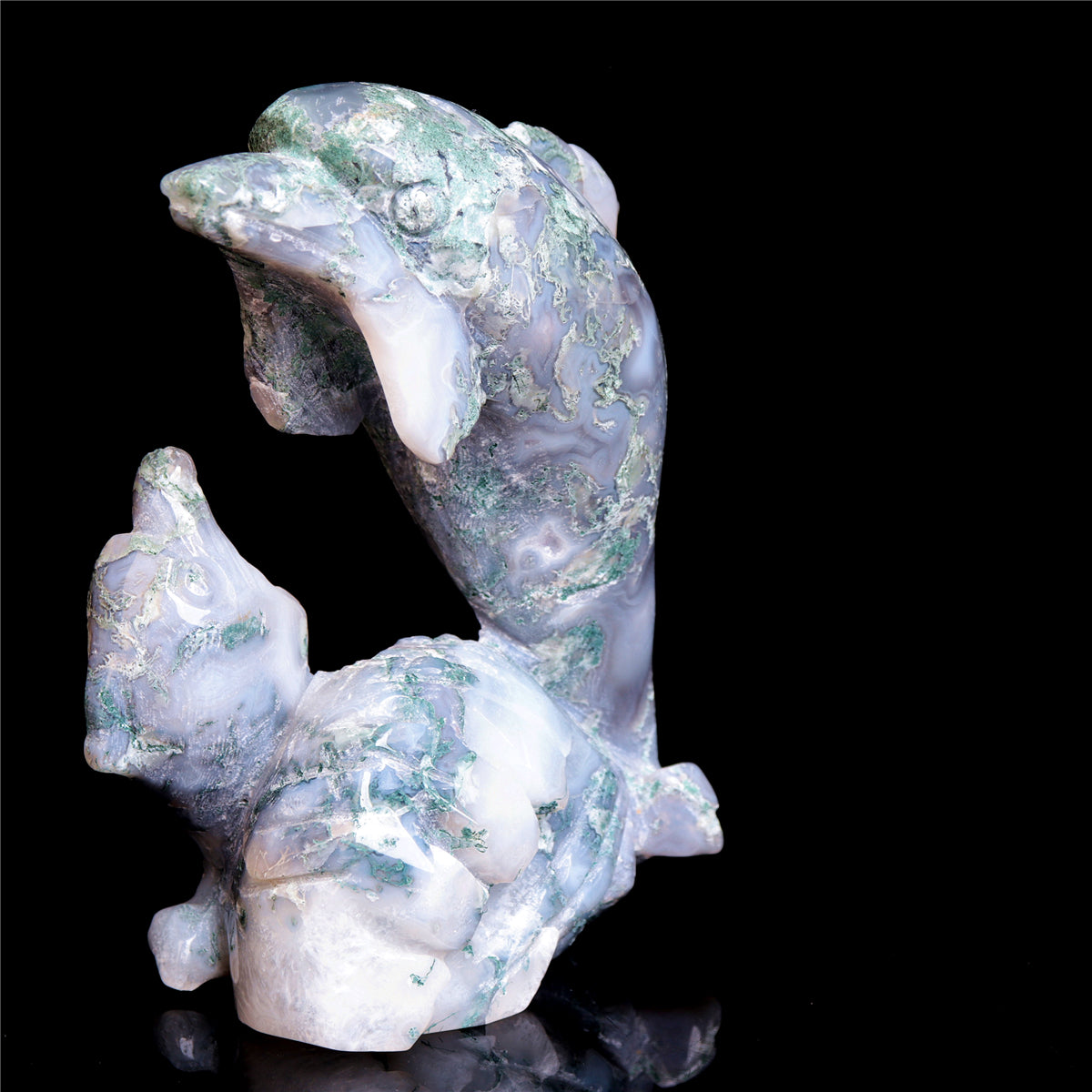 5" Moss Agate Crystal Dolphin Figurine Stone Animal Carvings Decor