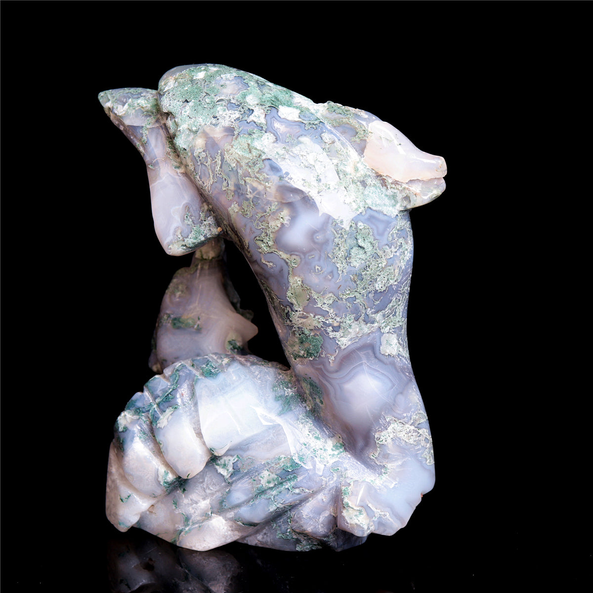 5" Moss Agate Crystal Dolphin Figurine Stone Animal Carvings Decor