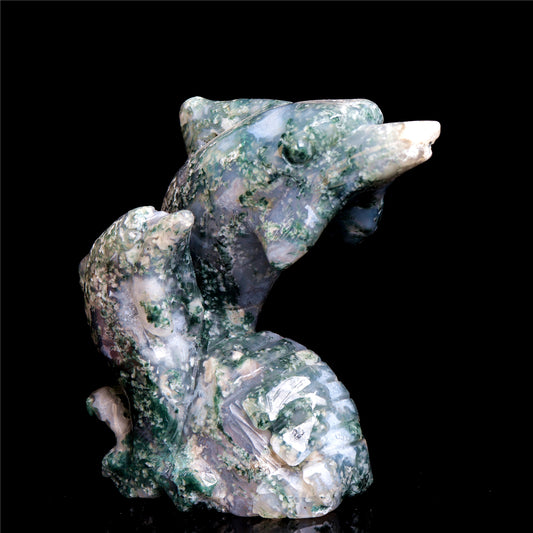 4.5" Moss Agate Crystal Dolphin Figurine Stone Animal Carvings Decor