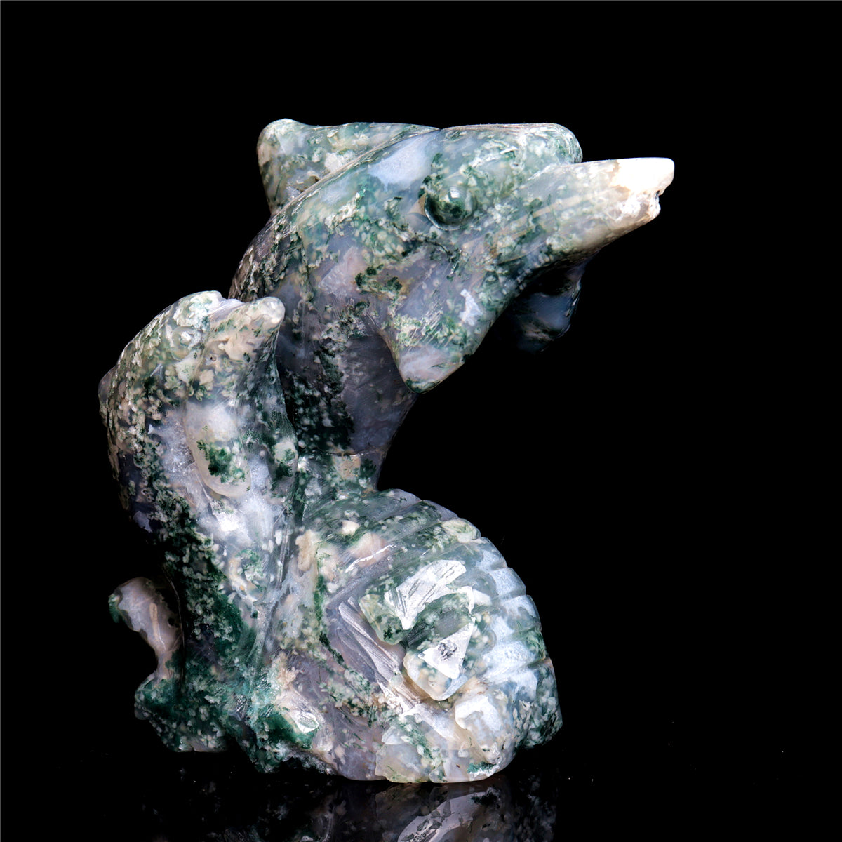 4.5" Moss Agate Crystal Dolphin Figurine Stone Animal Carvings Decor