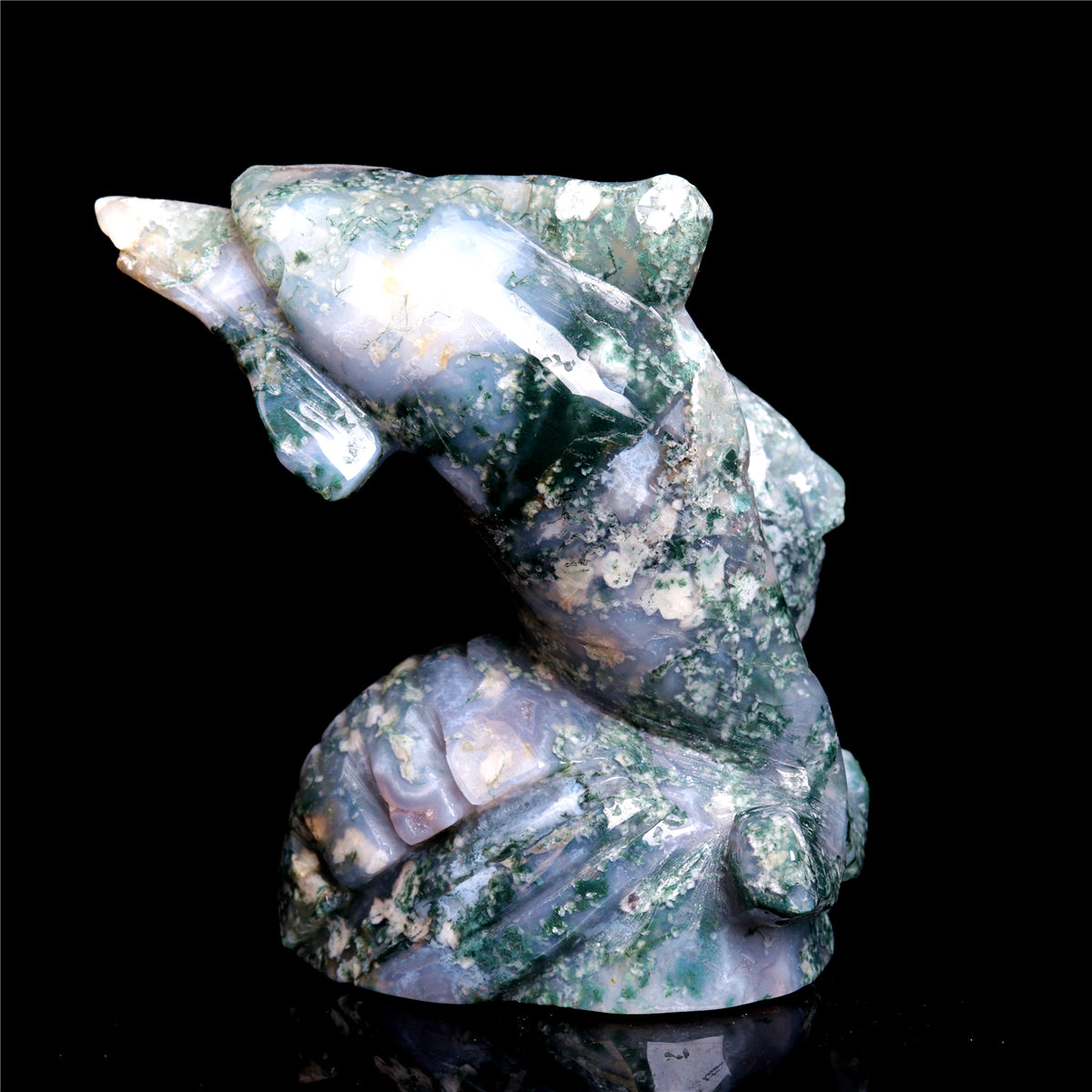 4.5" Moss Agate Crystal Dolphin Figurine Stone Animal Carvings Decor