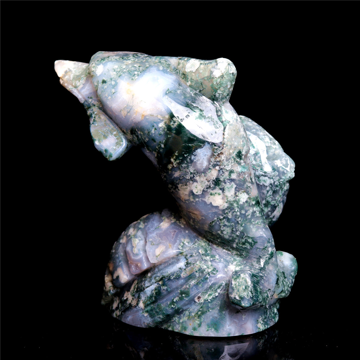 4.5" Moss Agate Crystal Dolphin Figurine Stone Animal Carvings Decor