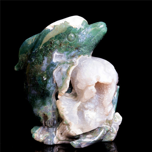 6.5" Moss Agate Crystal Dolphin Figurine Druzy Animal Carvings Decor