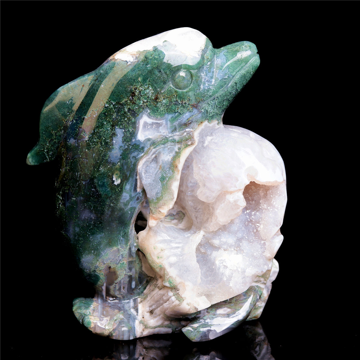 6.5" Moss Agate Crystal Dolphin Figurine Druzy Animal Carvings Decor