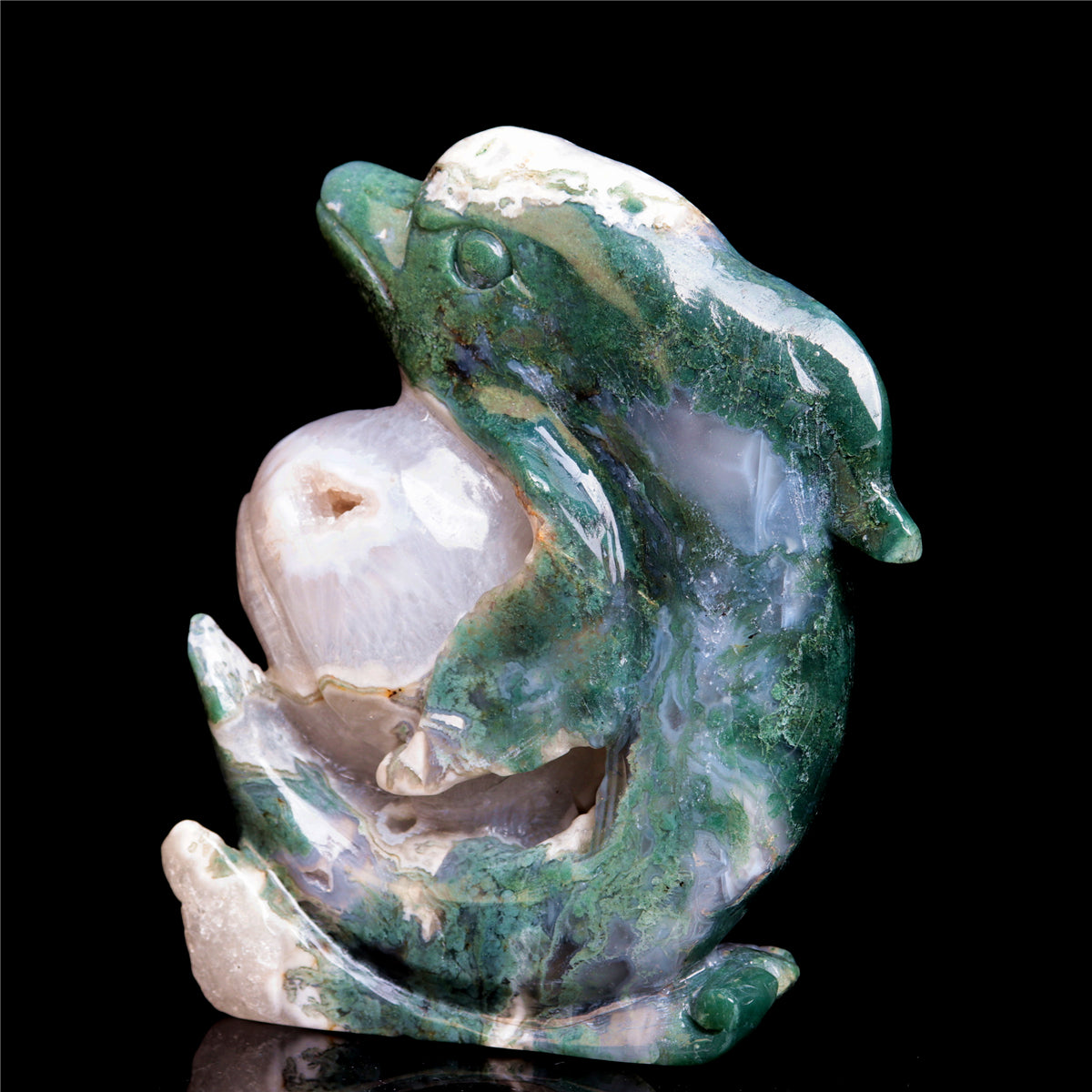 6.5" Moss Agate Crystal Dolphin Figurine Druzy Animal Carvings Decor