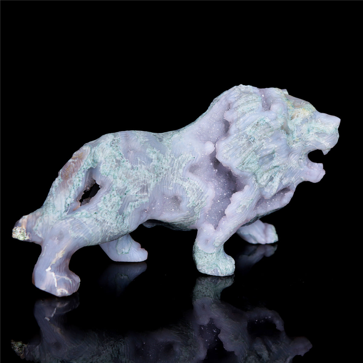 6" Druzy Moss Agate Crystal Lion Figurine Animal Carvings Decor