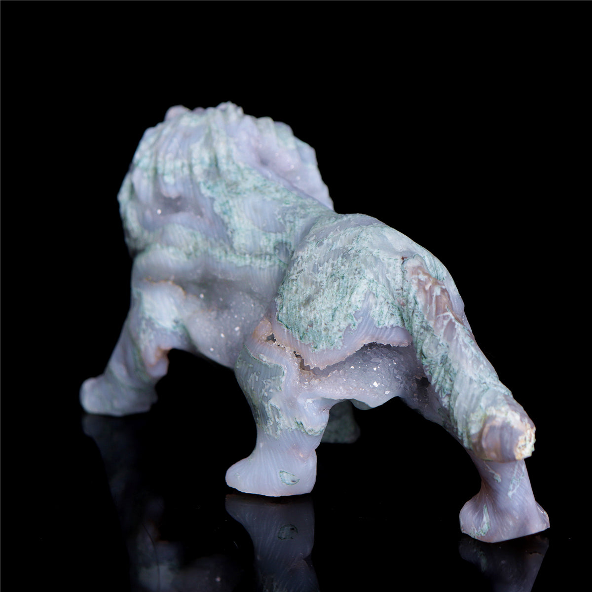 6" Druzy Moss Agate Crystal Lion Figurine Animal Carvings Decor