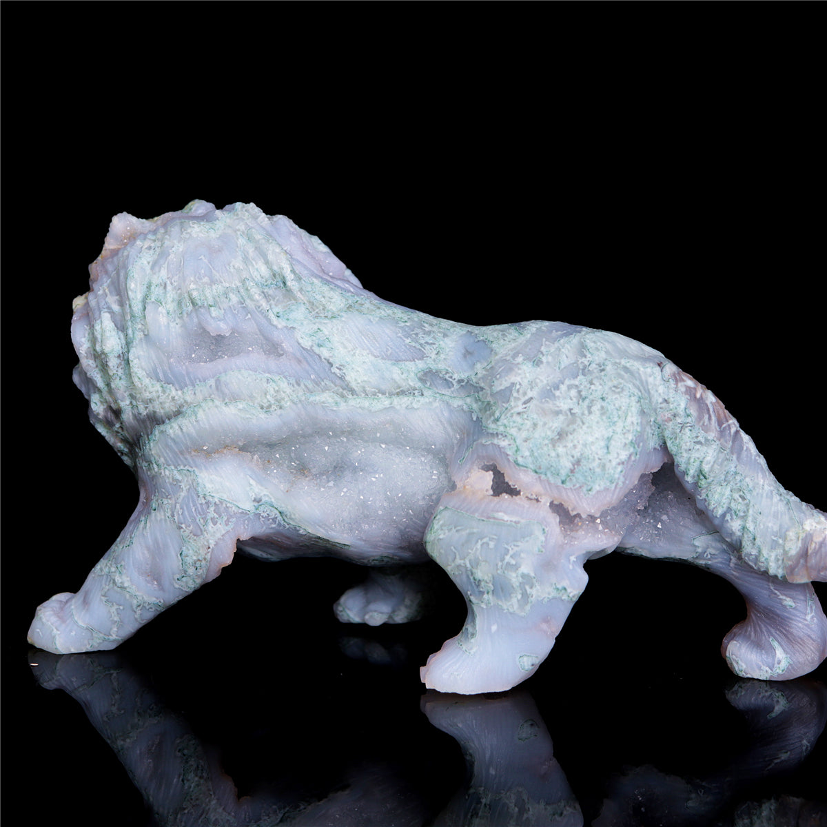 6" Druzy Moss Agate Crystal Lion Figurine Animal Carvings Decor