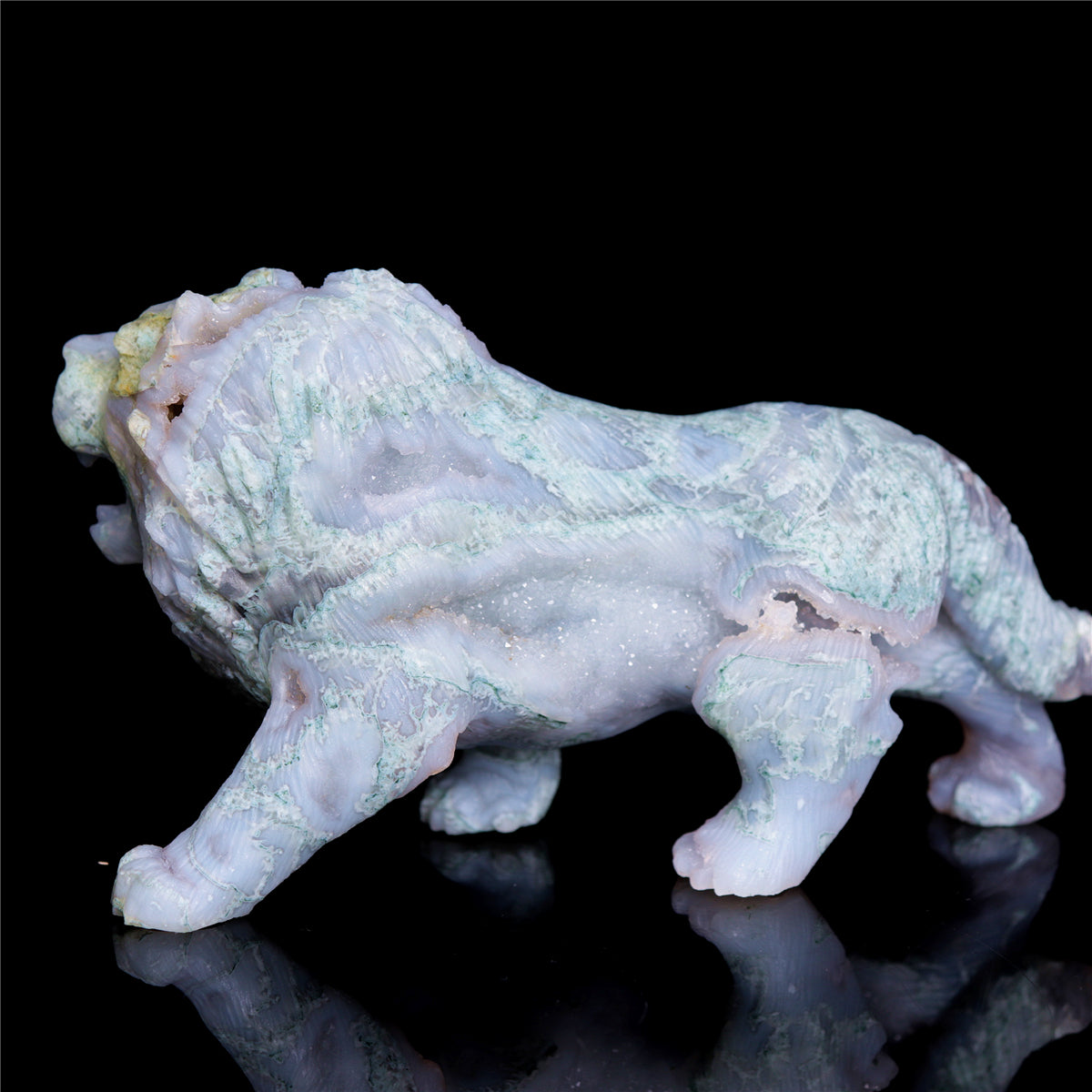 6" Druzy Moss Agate Crystal Lion Figurine Animal Carvings Decor