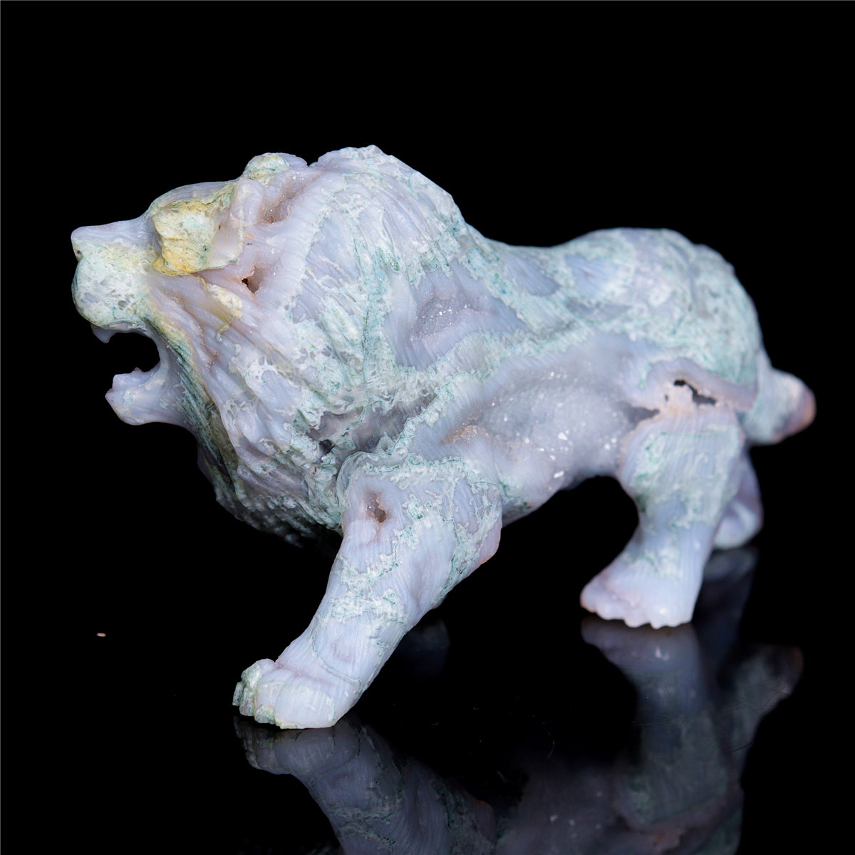 6" Druzy Moss Agate Crystal Lion Figurine Animal Carvings Decor