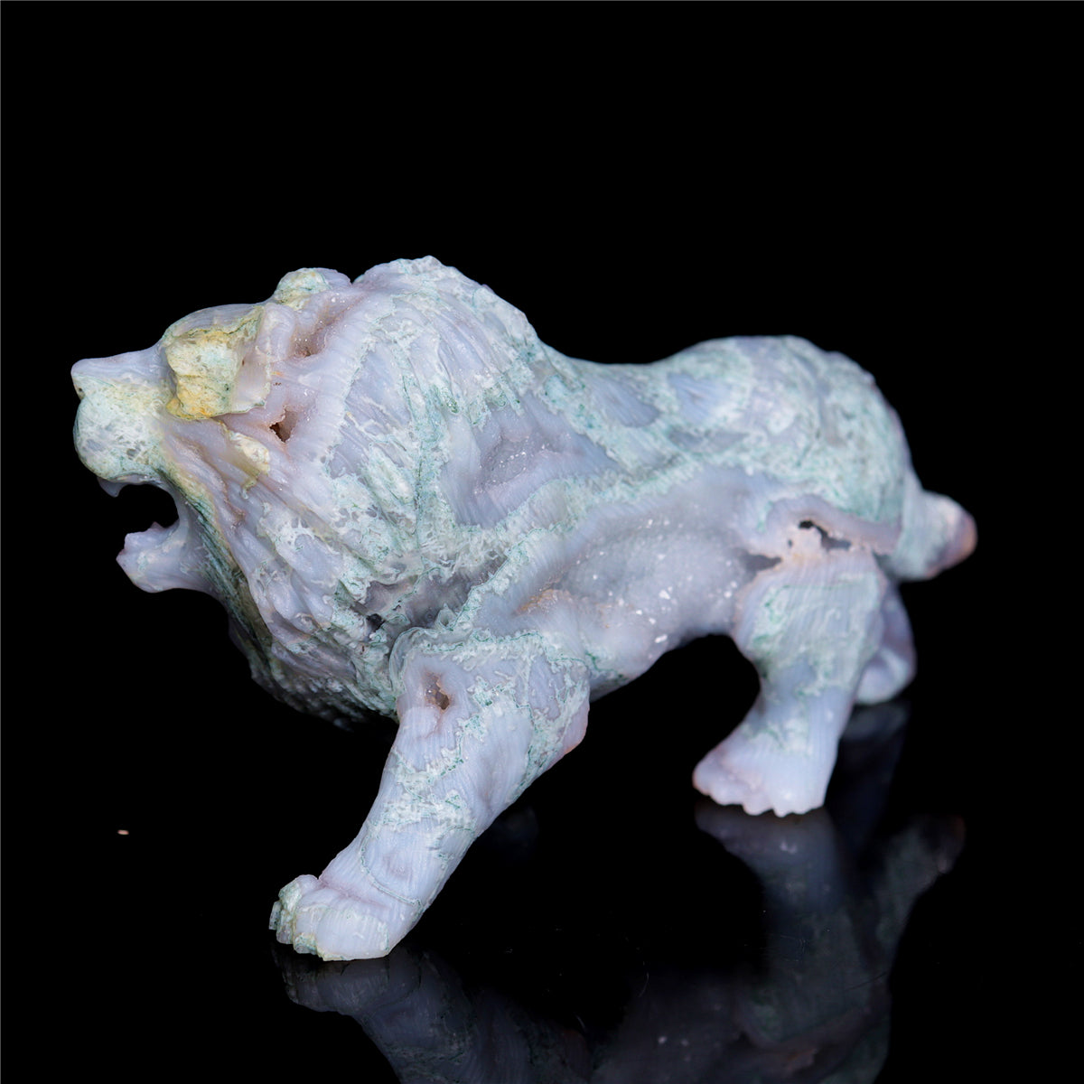 6" Druzy Moss Agate Crystal Lion Figurine Animal Carvings Decor