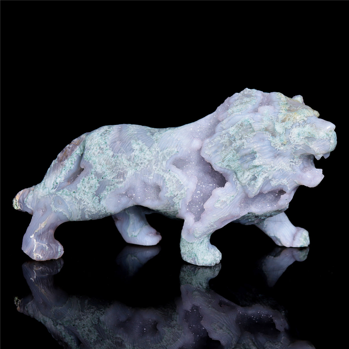 6" Druzy Moss Agate Crystal Lion Figurine Animal Carvings Decor