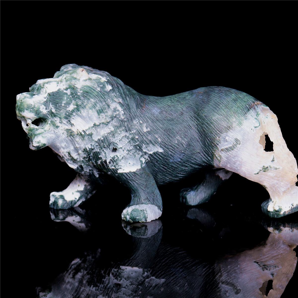 6" Druzy Moss Agate Crystal Lion Figurine Realistic Animal Carvings Decor